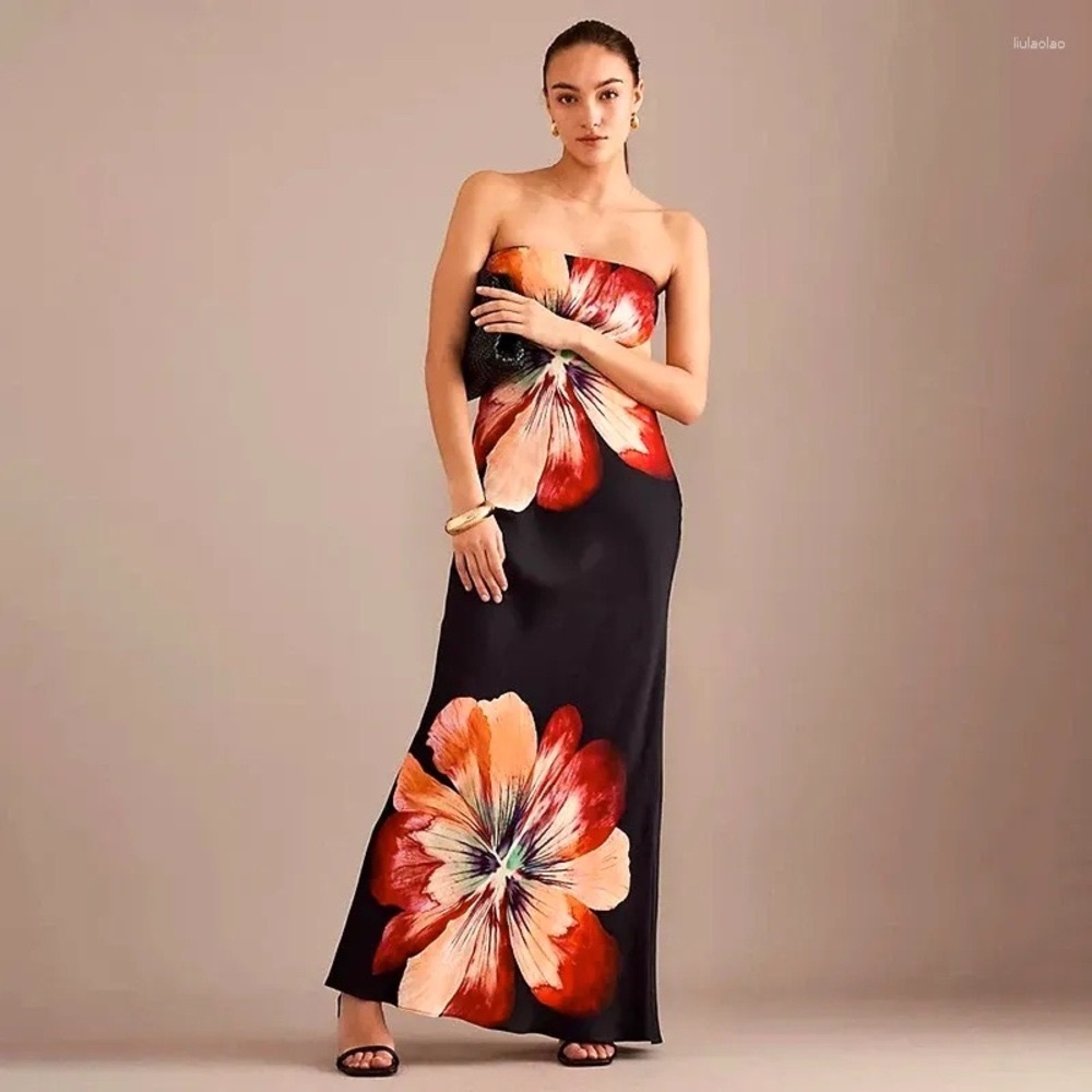 Sexy Strapless Elegant Floral Maxi Slip Dress